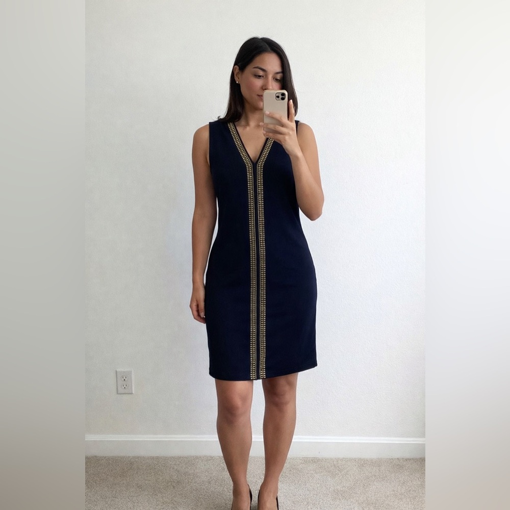 Rachel Roy Crosstown Traffic Black Sheath Dress |Gold V-Neck Stud Detail /XS NWT